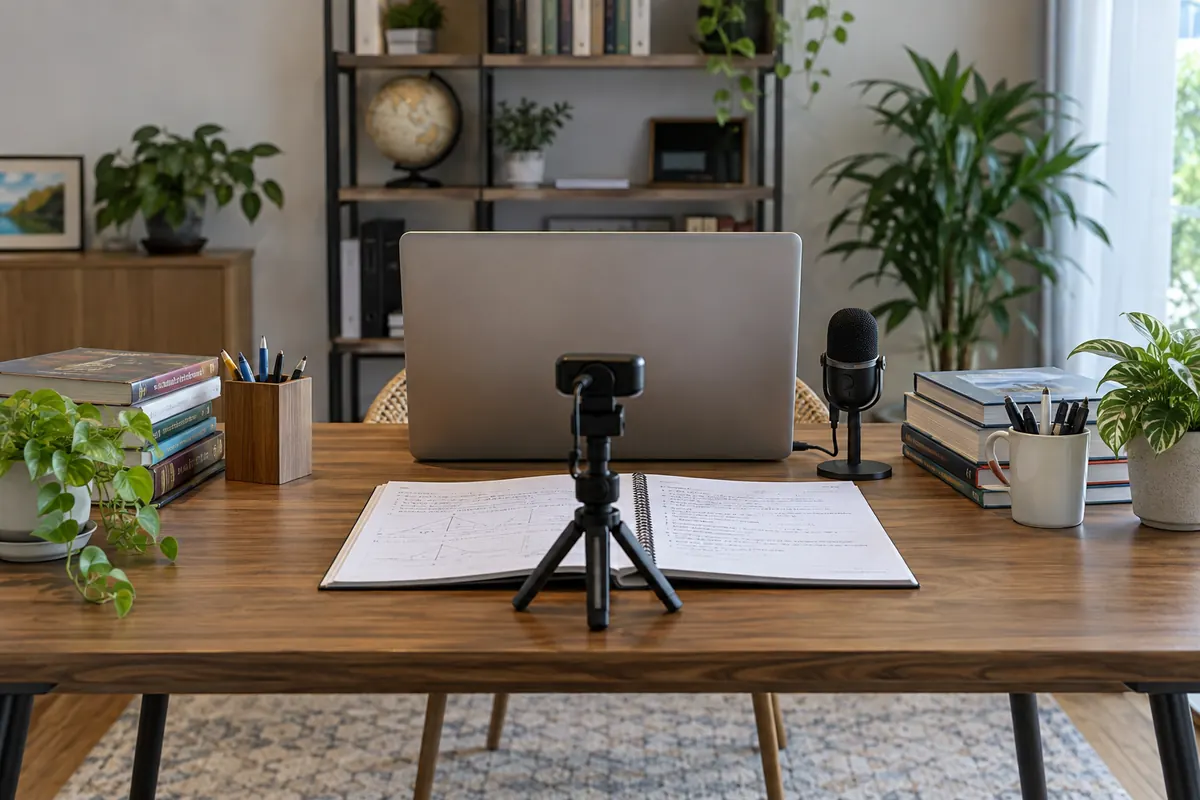 Remote teaching workspace with paper lesson materials and a teaching camera