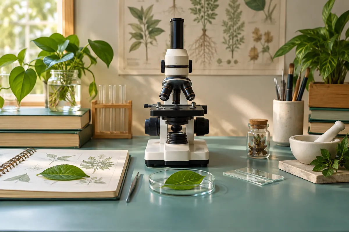 Mikroskop dan spesimen daun untuk Biologi