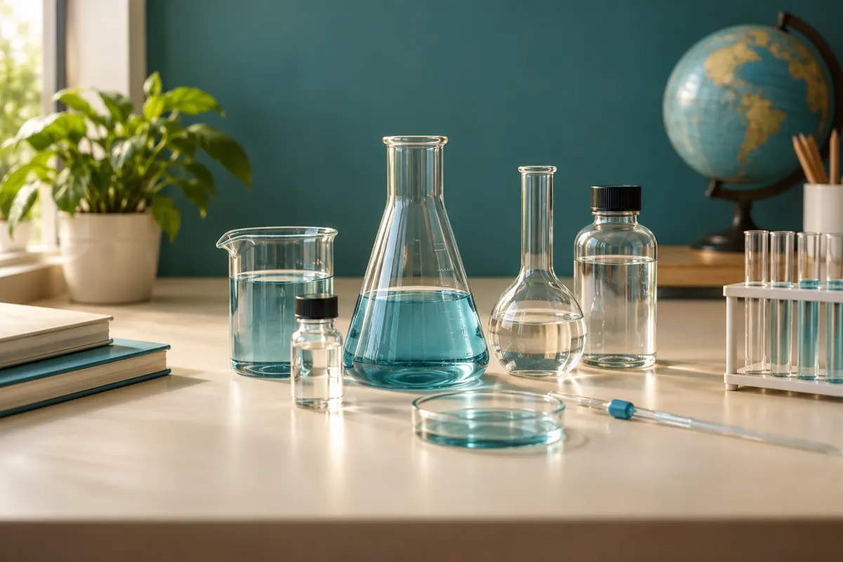 Beakers and a conical flask on a school chemistry bench