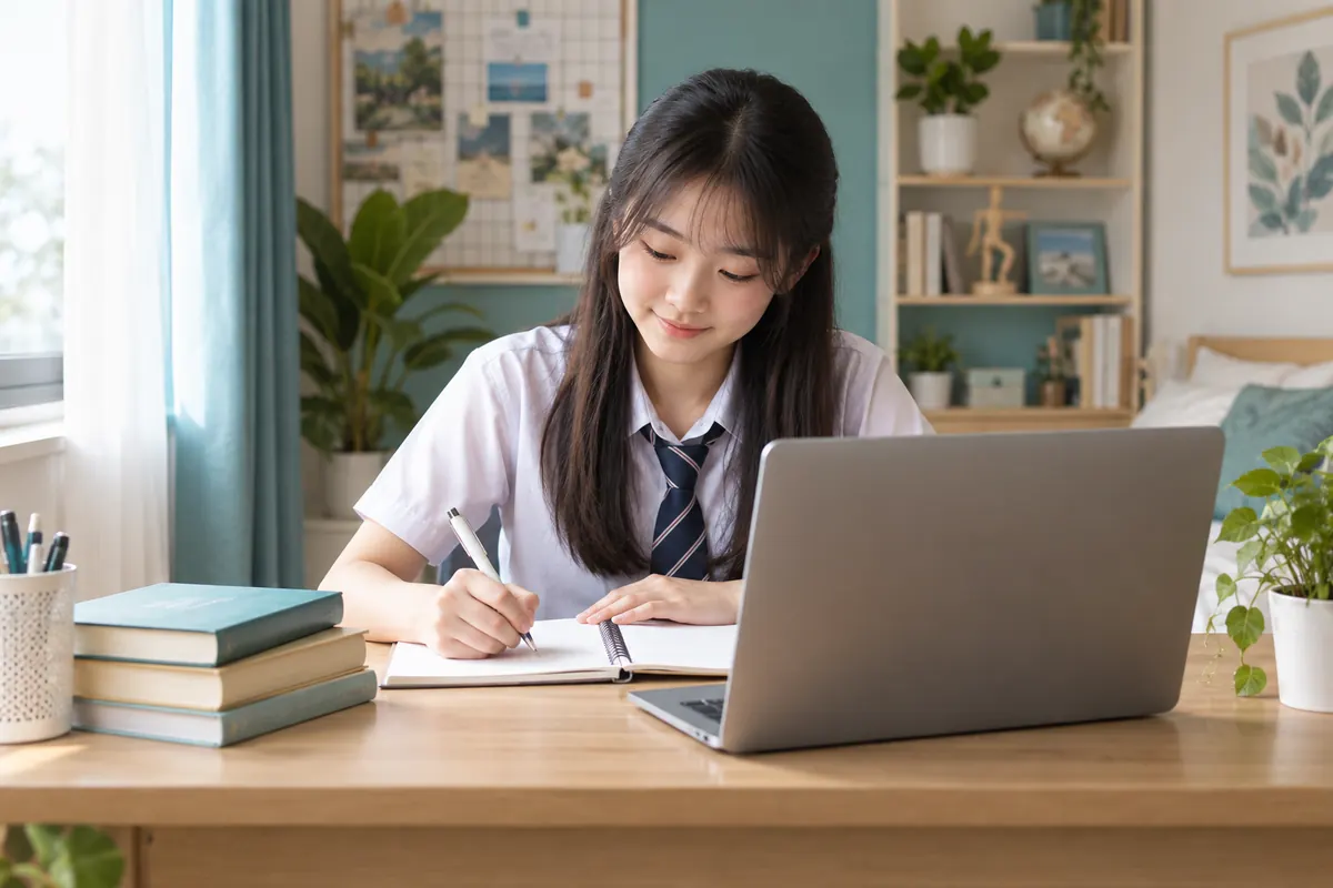 学生在家上 SPM 网课并做纸本笔记