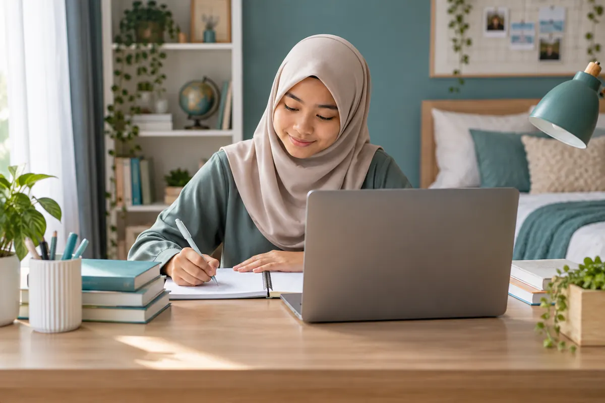 Pelajar mencatat nota semasa kelas SPM dalam talian di rumah