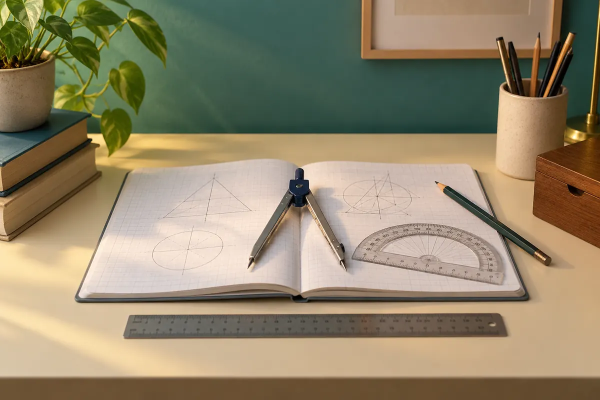 Jangka lukis, protraktor dan buku latihan Matematik