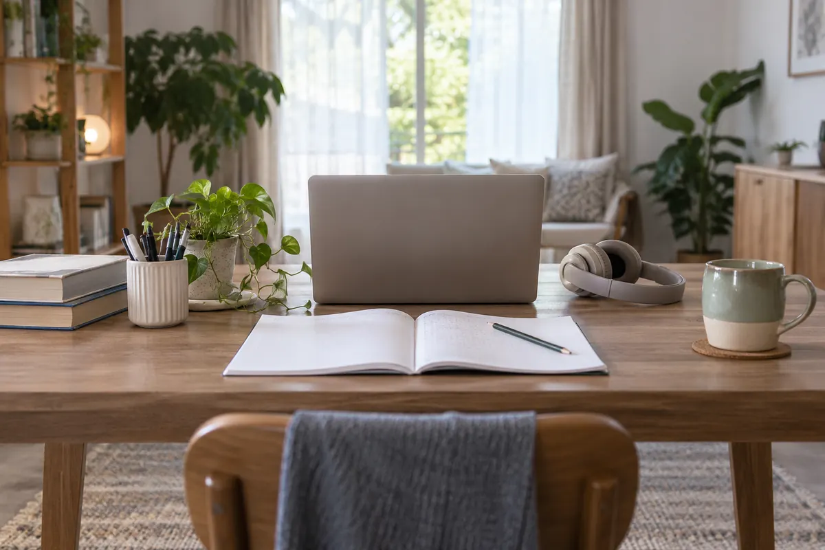 Remote online tuition workspace with paper exercises and headphones